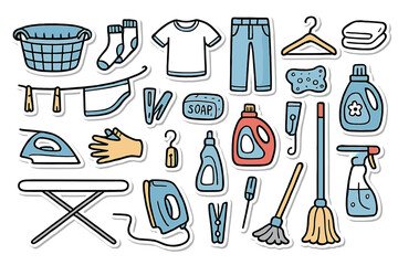 Laundry Icon Sketches. Laundry day doodle icon set: hand drawn icons of basket, socks, shirt, pants, underwear, towel, washing