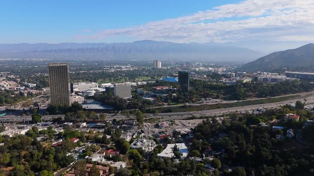 Drone panoramic view of Universal City and NBCUniversal Tower in Los Angeles, October 2025