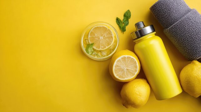 Yellow Fitness Theme: Lemon Water, Sports Bottle, and Towel for a Fresh Workout Aesthetic