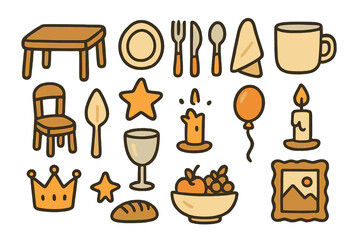 Dining Room Doodle Set. Dining room doodle icon set: hand drawn icons of table, chair, plate, fork, spoon, knife, napkin, glass,