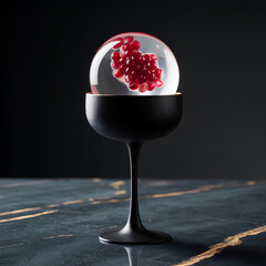 Crystal sphere red aril black coupe dark background dramatic lighting glossy surface luxury style modern still life minimal design marble table