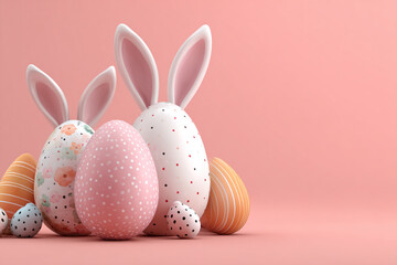 Easter eggs bunny ears pink background pastel colors spring holiday celebration cute design