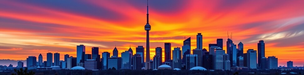 Fototapeta premium Toronto downtown skyline at sunset, vibrant orange and purple hues paint the sky over towering modern architecture, cityscape, scenery