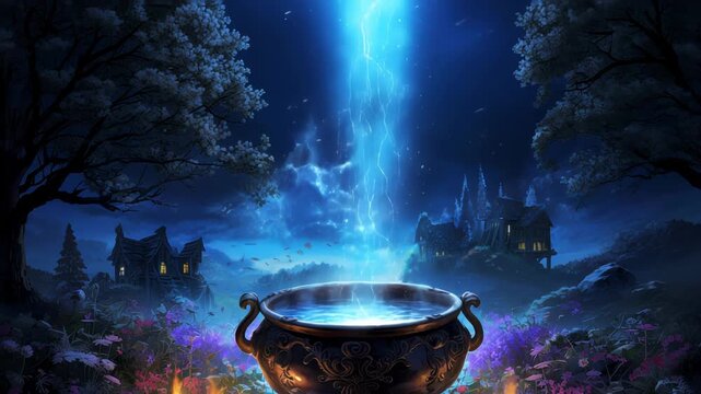 Magical cauldron filling with water under a lightning strike in a fantasy world, with trees and houses in the background