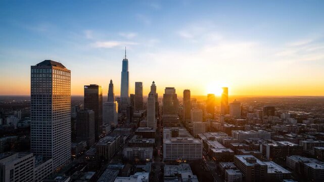 An urban cityscape awakens at dawn, showcasing a stunning timelapse as night lights fade and the rising sun illuminates towering buildings innovation, morning, modern
