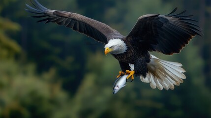 Fototapeta premium Bald eagle in flight carrying a fish in its talons