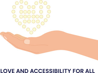 A heart symbol made of braille dots spelling the word love, held in an open hand. A concept of accessibility, inclusion, and support for the blind and visually impaired.