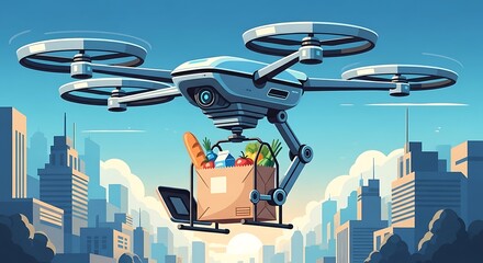 Drone delivers groceries with city skyline.