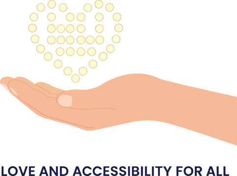 A heart symbol made of braille dots spelling the word love, held in an open hand. A concept of accessibility, inclusion, and support for the blind and visually impaired.
