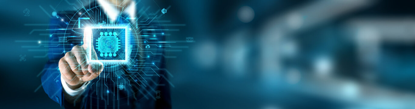 Quantum computing technology and algorithmic data network connecting with futuristic holographic interface accuracy solution for complex processing. Future of AI, research, and computation.