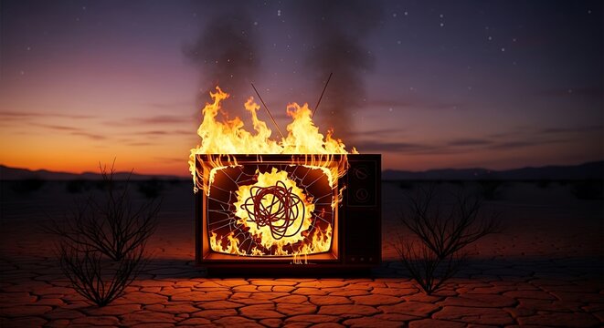Burning TV in Desert Sunset. (1)