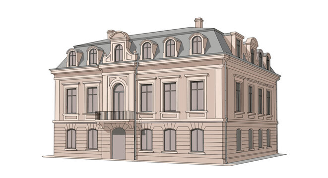 Elegant old building with mansard roof and multiple windows on a white background.