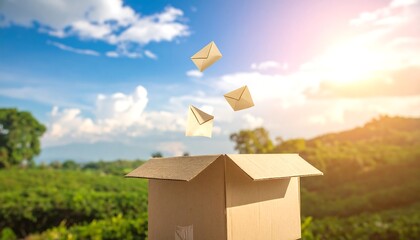 Three envelopes emerge from a cardboard box, landscape in the background with sun