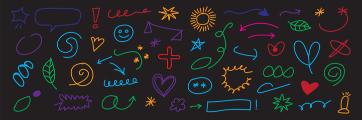 Vibrant neon abstract doodles and symbols collection on a dark background