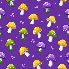 Colorful mushrooms in various shapes and sizes scattered across a vibrant purple background, creating a whimsical and playful atmosphere for design purposes