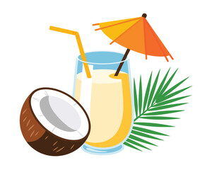Refreshing coconut cocktail with tropical palm leaf and umbrella