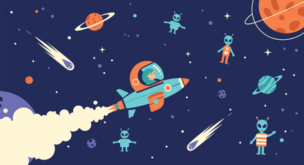An astronaut adventures through the cosmos in a rocket ship exploring distant planets and encountering friendly aliens.