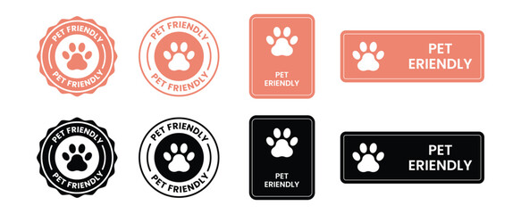 Pet Friendly icon set. Pet Friendly logo, label, sign, badge, symbol, banner, line, flat vector, isolated illustration. Pet Friendly label for product packaging design. Dogs and cats allowed sign.