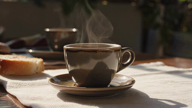 A coffee cup on a breakfast table in warm daylight, steam rising gently from the cup, surrounded by a cozy breakfast setting with bread and natural light atmosphere