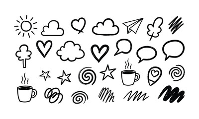 Naklejka premium Hand drawn doodle isolated on white background sun cloud heart paper plane tree coffee cup star spiral scribble