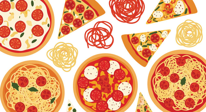 A delightful collection of delicious Italian food including pizza and pasta dishes.