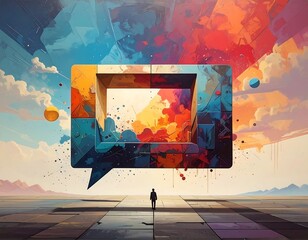 Symbolic abstract art of a person facing a giant open speech bubble against a colorful background