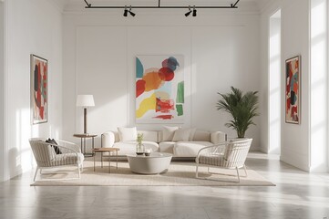 Elegant modern living room bathed in natural light features stylish furniture, minimalist decor, and a serene, inviting atmosphere for relaxation