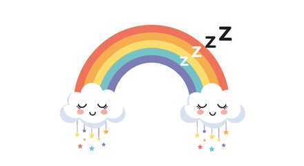 Naklejka premium A sleepy rainbow with gentle clouds and falling stars creating a peaceful dreamscape.