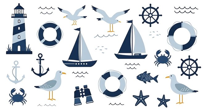 Nautical Elements Collection Featuring Lighthouses Sailboats Anchors and Seagulls for Marine Themed Designs