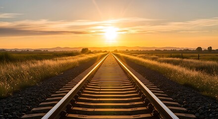 Fototapeta premium Sunset Railroad Tracks Landscape.
