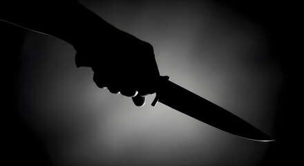 Hand holding a sharp knife from above against a dark grey background. Concept banner of danger, violence, crime, or horror for a movie poster with copy space.