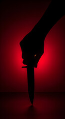 Hand holding a sharp knife from above against a dark red background. Concept vertical of danger, violence, crime, or horror for a movie poster with copy space.