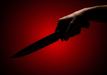 Hand holding a sharp knife from above against a dark red background. Concept banner of danger, violence, crime, or horror for a movie poster with copy space.