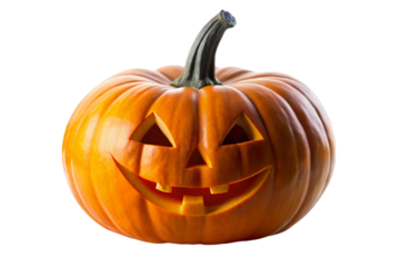 Classic carved Halloween pumpkin jack o lantern with a cheerful face isolated on white background