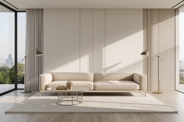 Elegant modern living room bathed in sunlight, showcasing a stylish beige sofa and minimalist decor for a serene and inviting atmosphere