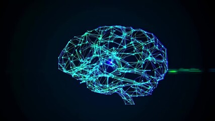 Futuristic video concept of a digital brain with neon green lines. Side angle captures the intricate network on a dark background. Live desktop wallpaper. - Powered by Adobe