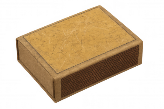 Brown matchbox with textured surface, displaying vintage wear and a striking strip, on a transparent background