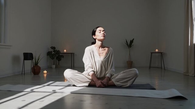 Peaceful woman with eyes closed sitting on a yoga mat in Baddha Konasana pose, practicing mindfulness and deep breathing in a sunlit studio