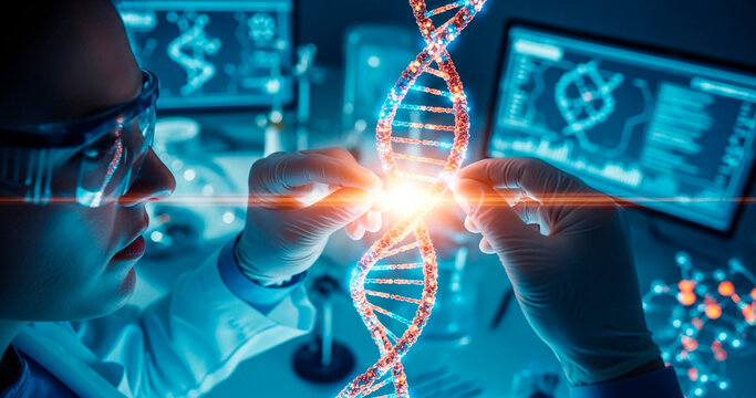 Scientist meticulously examines glowing DNA helix in advanced laboratory, decoding genetic future with cutting edge technology and research