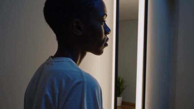 Pensive young african american woman looking at her reflection in a modern led illuminated mirror. A moment of self reflection and introspection