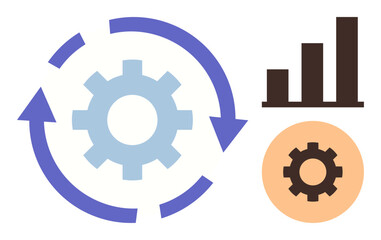 Gear encircled by arrows, bar chart, and secondary gear emphasize process automation, performance analysis, and growth. Ideal for efficiency, productivity, strategy, progress data insights