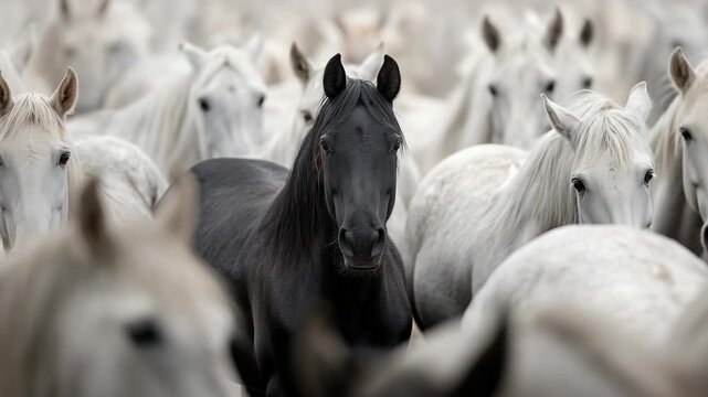 A black horse stands out among a herd of white horses in a blurred background. The scene captures the contrast between the two colors in a natural setting.