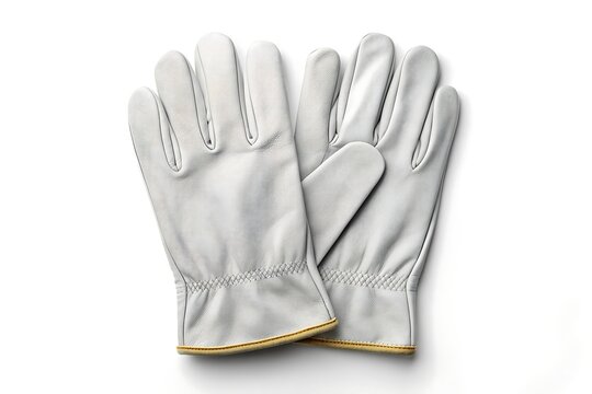 Pair of white leather work gloves on a white background