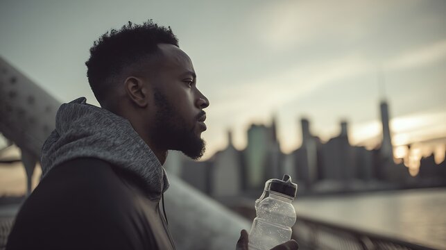 African american man with water bottle resting after workout outdoors near river and city skyline. Urban fitness, hydration and mental focus moment in evening light with text space