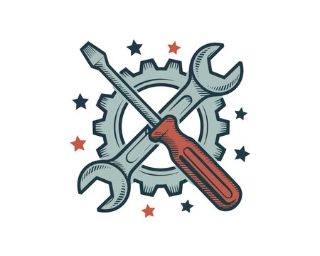 Illustration of crossed wrench and screwdriver with gear and stars - Powered by Adobe