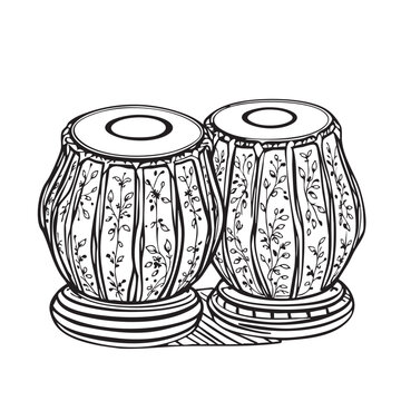 Traditional Tabla Vector &mdash; Black and White Illustration of Indian Percussion Drums with Ornate Floral Patterns and Cultural Detail