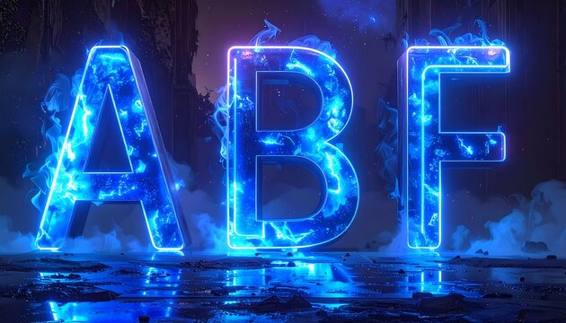 Three glowing, neon blue letters A, B, and F, with an energy effect background of smoke and lighting