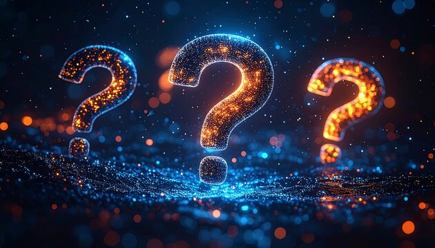 Three glowing question marks floating in a blurred, dark, and abstract digital space