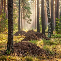 Sunlight streams through a forest, illuminating large ant hills amidst the trees