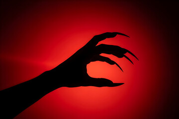 Monster hand with long claws reaching out of dark red background. Scary gesture expressing fear or horror for Halloween banner concept with copy space for movie or cinematic poster.